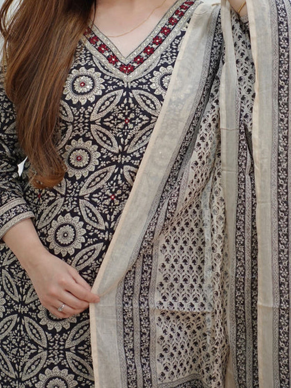 Black & Off White Floral Afghani Kurti With Pant & Dupatta Set