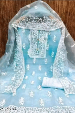 Exclusive Aqua Blue Organza Party Wear Embroidered Suit & Dress Material Unstitched Fancy Patiala / Pakistani / Jaipuri Style