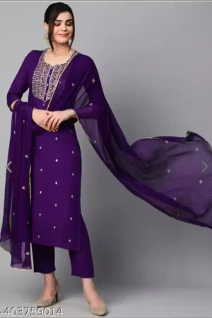Violet Cotton Blend Embroidered Straight Kurta with Trouser & Dupatta – Timeless Elegance for Every Occasion