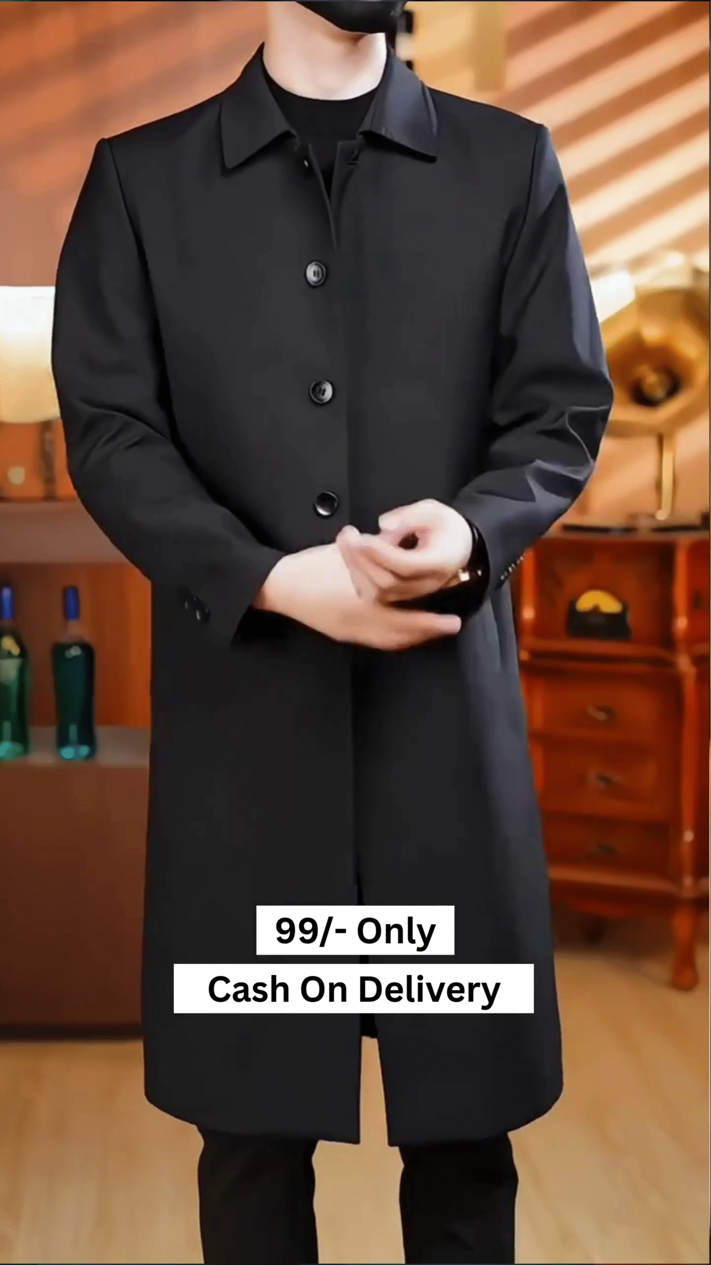 Men's Casual Trench Coat Slim Fit Notched Collar Long Jacket Overcoat Single Breasted Pea Coat wih Pockets