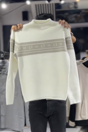 White Mock-Neck Sweater with Grey Patterned Chest Stripe – Refined Warmth, Modern Style