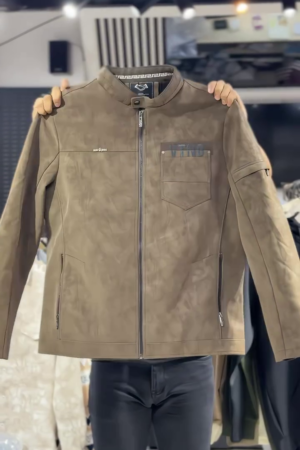 Men’s Brown Suede-Look Zip-Front Jacket