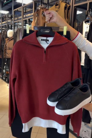 Men’s Crimson Half-Zip Pullover & Stealth Black Slip-Ons