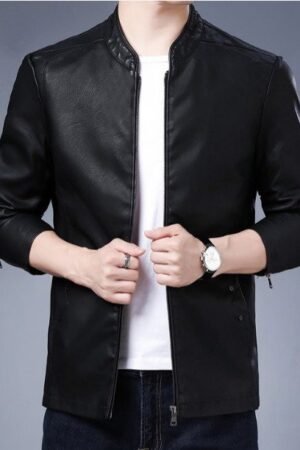 Men’s Mandarin Collar Solid PU Windcheater