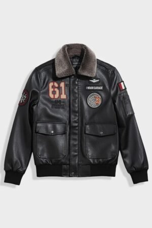 Black faux leather aviator bomber jacket with fleece collar