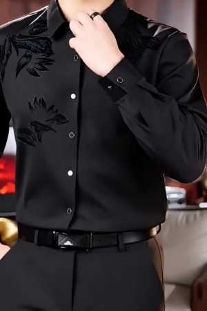 Men's Silk Satin Shirt Floral Slim Fit Long Sleeve Dress Shirt Casual Soft Shirt