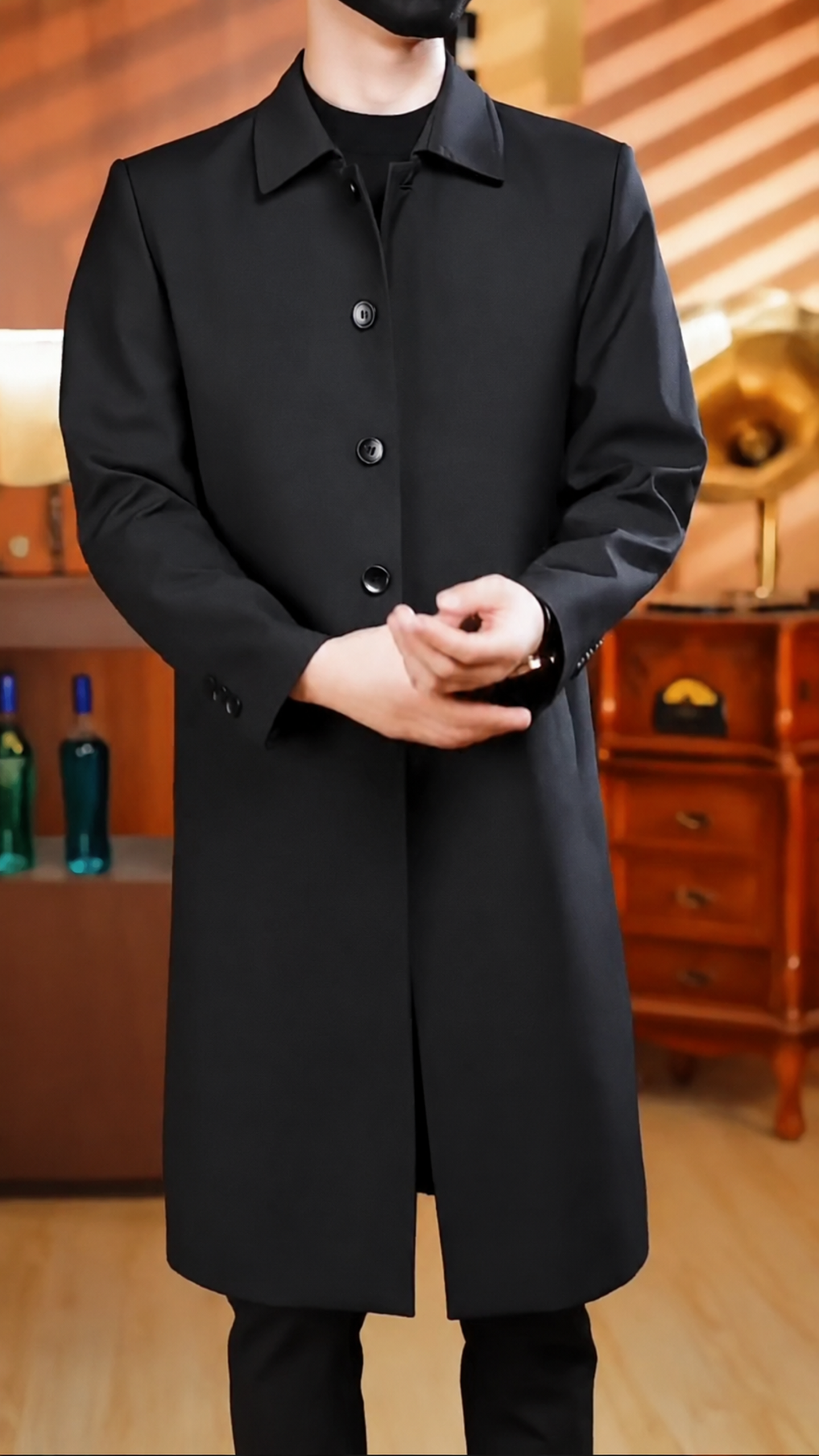 Men's Casual Trench Coat Slim Fit Notched Collar Long Jacket Overcoat Single Breasted Pea Coat wih Pockets